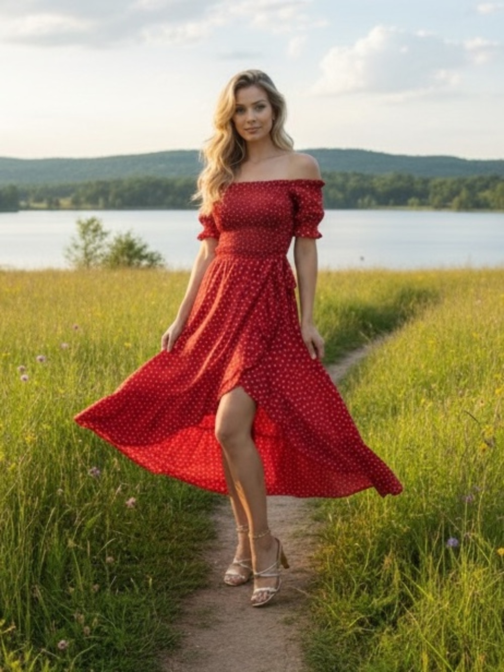 NWT Francesca's Collections Red Dress w/ White Hearts Off-Shoulder Midi Dress